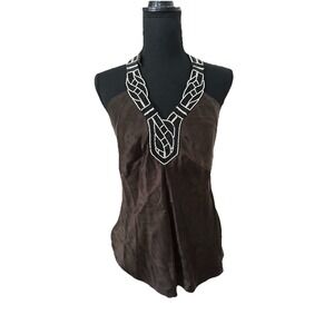 Ann Taylor Womens 100% Silk Halter Top Size 6 Brown Beaded Y2K Boho Coachella